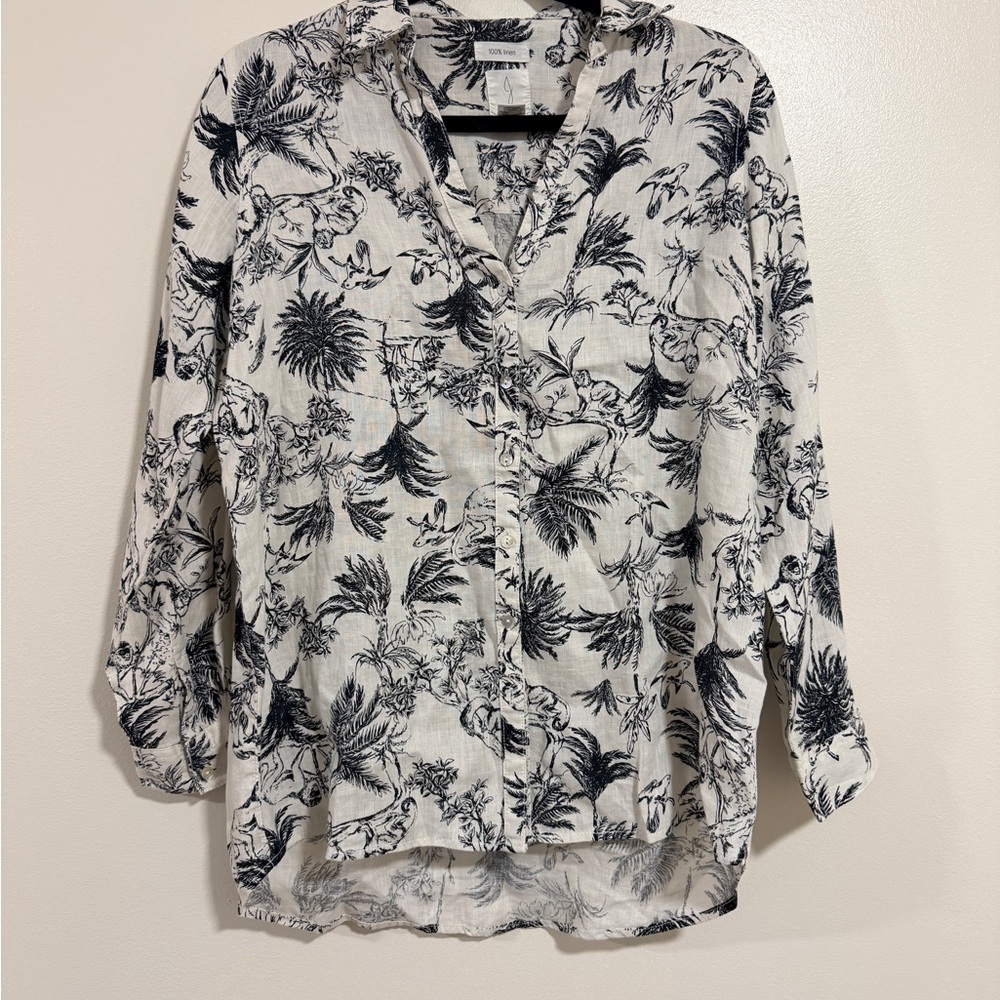 Joie 100% Linen Tropical Jungle Monkey button down top Size S Resort Vacation